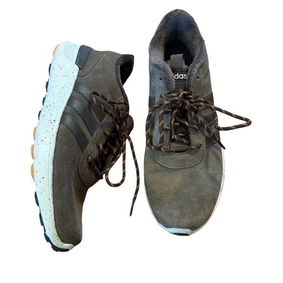 Brown Adidas Ortholite suede sneakers with fuzzy material